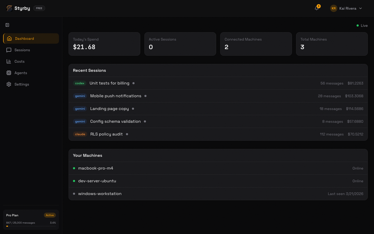 Styrby dashboard showing real-time agent costs and session monitoring