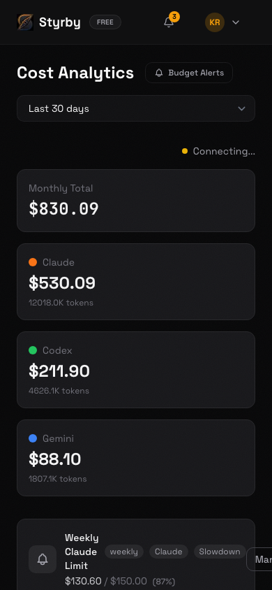 Styrby mobile cost analytics showing monthly total, per-agent breakdown, and spending chart