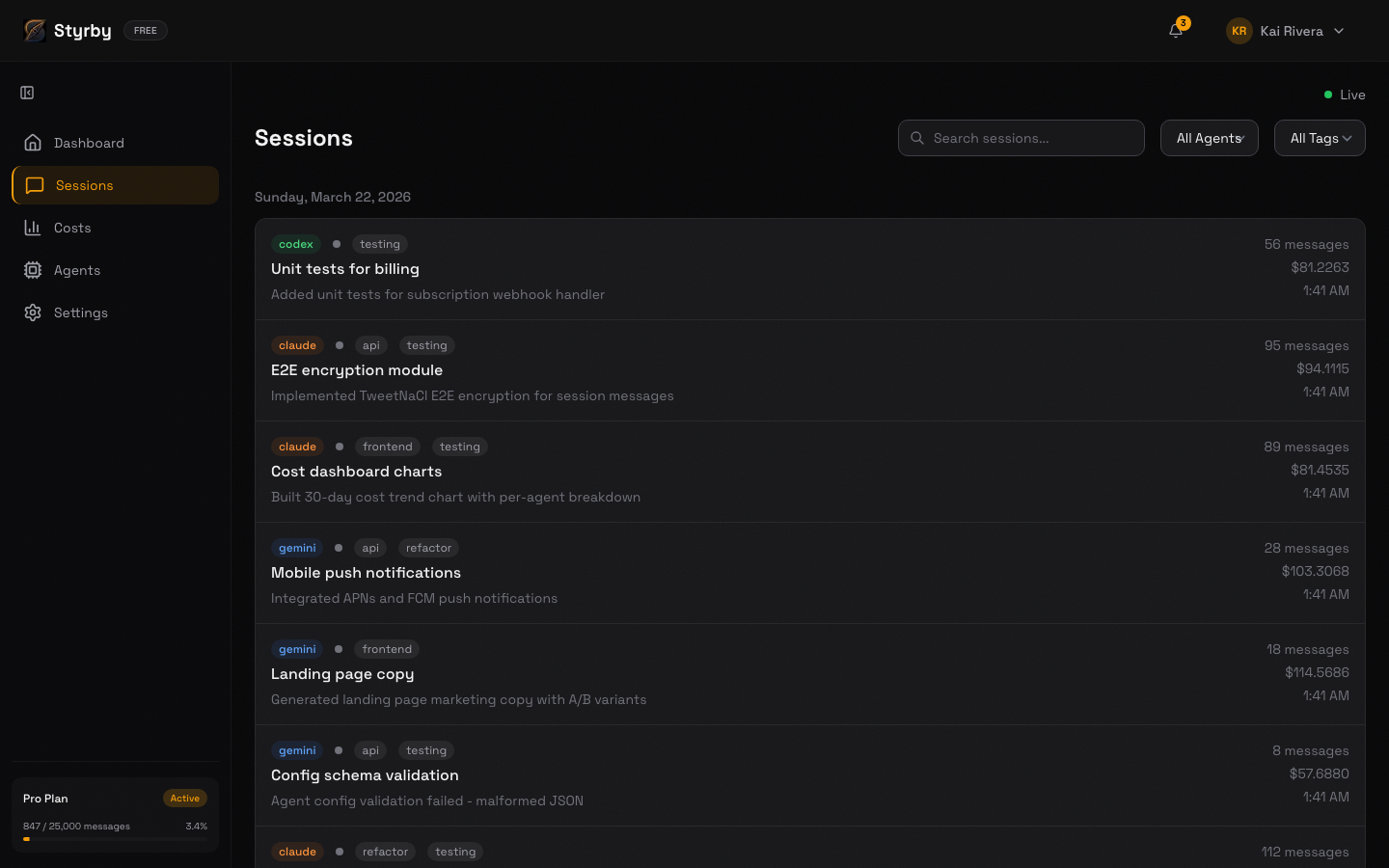 Session list showing active and completed sessions across multiple agents